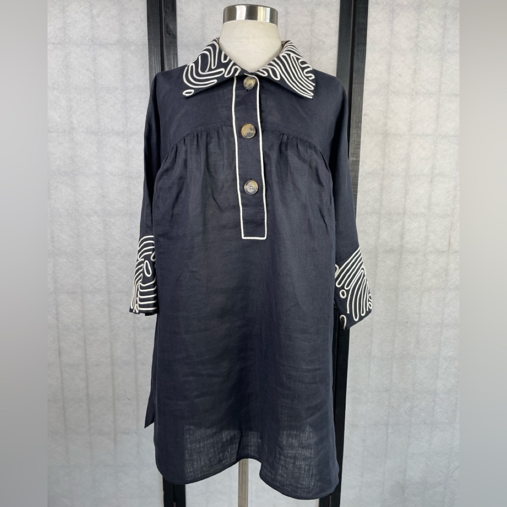Rena Lange Blue and White Bell Sleeve Dress